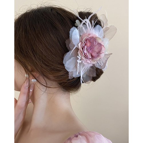Rannyrena Vintage Pink Flower Hair Claw Clip with Feather Floral Hair Piece for Women Wedding Bridal Dainty Floral Hair Accessories