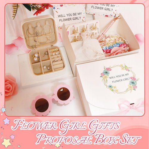28PCS Flower Girl Proposal Box Set of 2,Will You Be My Flower Girls Gift Box,Flower Girl Headpiece Wedding Headband Jewelry Box Hair Accessories Flower Sunglasses Diamond Pen Satin Scunchies