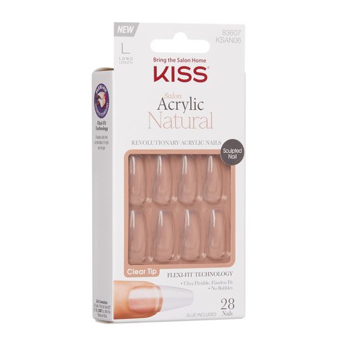 KISS Salon Acrylic Natural Nails, Clear Tip, Long, Ultra-Smooth Finish, DIY At-Home Manicure Kit with Pink Gel Nail Glue, Mini File, Manicure Stick, and 28 Nails in 14 sizes