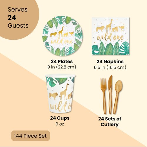 144 Piece Wild One Party Supplies for First Birthday Decorations with Safari Plates, Napkins, Cups, and Cutlery (Serves 24)