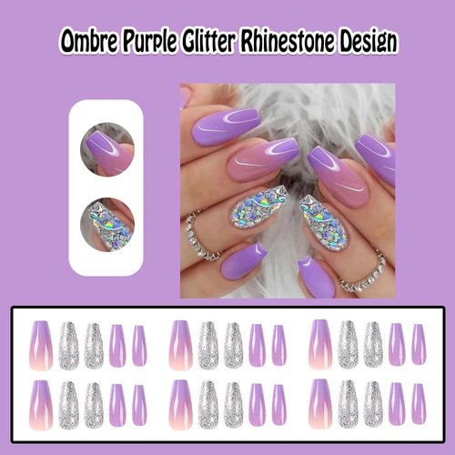 ANDGING Ombre Purple Press on Nails Short Medium Coffin Fake Nails for Women with Glitter Rhinestone Design Glue on Nails Acrylic False Nails Manicure Press on Nail Stick on Nails for Wedding 24Pcs