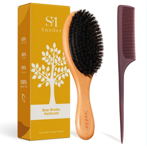 Boar Bristle Hair Brush - 100% Soft Natural Bristle Brush for Women Men Restore Shine and Fine - Wooden Comb with Plastic Brush for Short Thin Dry Hair