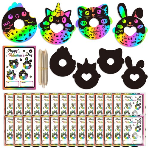 WATINC 28 Set Valentine's Day Animals Donut Scratch Cards with Valentine Card for Kids, Valentines Scratch Off Art Craft Kit, Exchange Gift DIY Magic Paper for Classroom School Party Favor