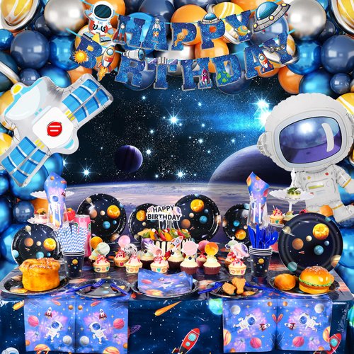 182PCS Outer Space Birthday Party Supplies, Space Themed Party Decorations Include Banner, Balloons, Backdrop, Hanging Swirls, Tablecloth, Cup, Plates, Cake Toppers for Kids Birthday Decorations