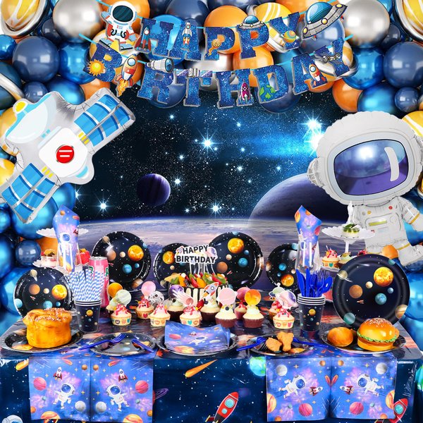 182PCS Outer Space Birthday Party Supplies, Space Themed Party Decorations Include Banner, Balloons, Backdrop, Hanging Swirls, Tablecloth, Cup, Plates, Cake Toppers for Kids Birthday Decorations