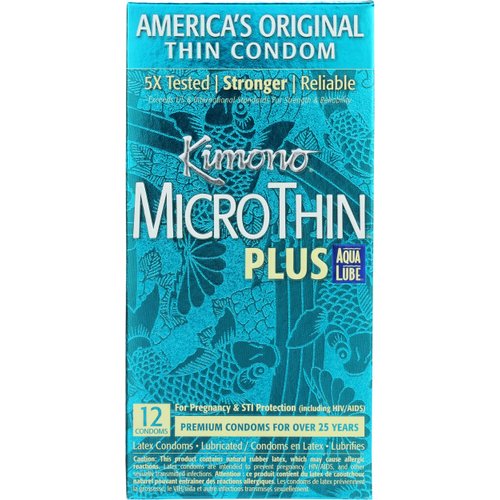 Kimono Microthin Plus - Premium Lubricated Natural Latex Condoms, Ultra Thin with Extra Moisture and AquaLube, Vegan-Friendly, No Latex Odor - Enhanced Sensitivity - Pack of 12