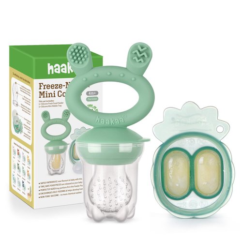 Haakaa Baby Fruit Food Feeder & Mini Freezer Nibble Tray Combo, Breastmilk Popsicle Molds for Cooling Relief, BPA Free Silicone Feeder for Safe Infant Self Feeding, 4 Month+ (Pea Green)