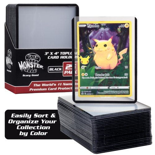 Monster Top Loaders for Collectible Trading Cards - 25 Count 3"x4" Clear Hard Plastic Protector (Black Border) - Easily Sort Your TCG Cards by Color- Compatible w MTG, Magic Gathering, Yugioh, Sports