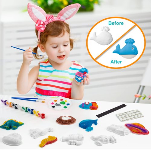 Juboury Kids Arts and Crafts Set Painting Kit - Plaster Painting Craft Kit Art Set - Painting Your Own Space Dinosaurs & Marine life Figurines - Ceramic Painting Kit for Kids, Girls, Boys, Toddlers