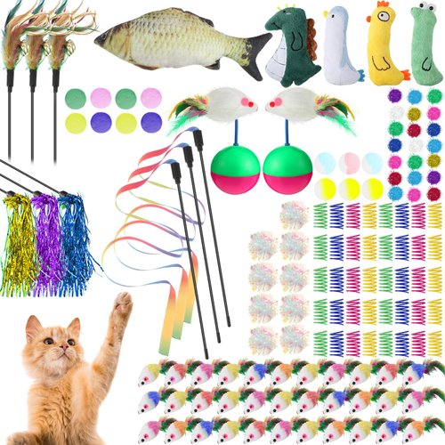 Shappy 150 Pcs Bulk Cat Toys Pack Gift for Christmas 40 Springs 30 Mice Toys 30 Interactive Sparkle Balls 24 Mute Plush Balls 10 Crinkle Balls 9 Cat Teaser Wands 4 Plush Toy 2 Tumbler Mouse 1 Fish