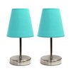 Simple Designs LT2013-BLU-2PK Mini Basic Two Pack Sand Nickel Table Lamp with Fabric Shade Set, Blue, 2 Count