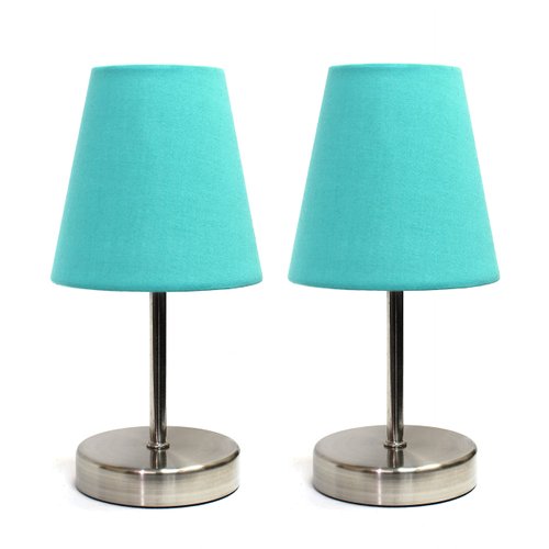 Simple Designs LT2013-BLU-2PK Mini Basic Two Pack Sand Nickel Table Lamp with Fabric Shade Set, Blue, 2 Count