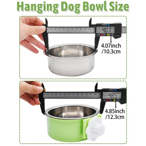 kathson Crate Dog Bowl, Removable Stainless Steel Hanging Pet Kennel Cage Bowl Food & Water Feeder Coop Cup for Puppy, Cat, Rabbit,Guinea Pigs 2pcs (Blue,Green)