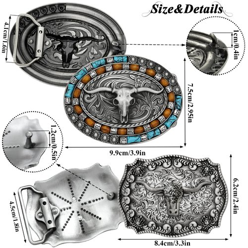RechicGu 2 Pieces Turquoise Long Horn Bull Belt Buckles Western Cowboy Belt Buckle for Men Women Vintage Silver, 2 Styles
