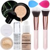 PHOERA Foundation Full Coverage Makeup, Mushroom Head Air Cushion CC Cream Natural Foundation, PHOERA Primer, PHOERA Powder, Brushes Foundation Brush,2 Makeup Sponge(105 Sand+ 05 Sand CC)