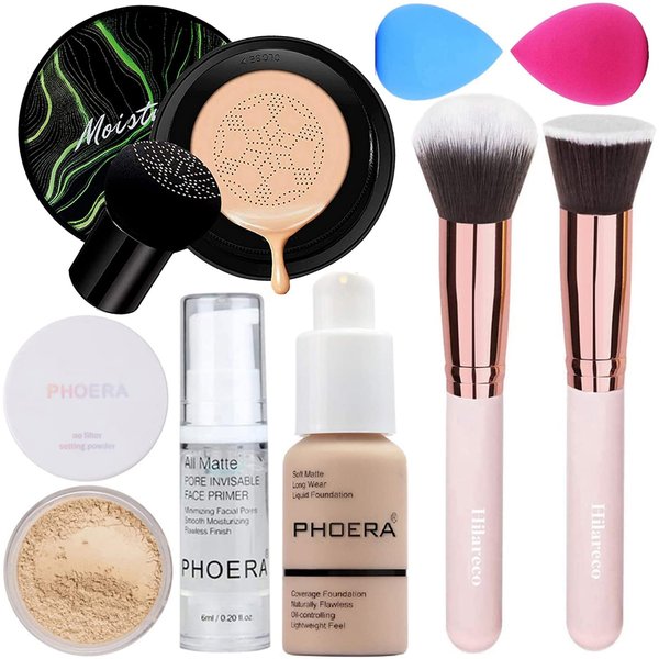 PHOERA Foundation Full Coverage Makeup, Mushroom Head Air Cushion CC Cream Natural Foundation, PHOERA Primer, PHOERA Powder, Brushes Foundation Brush,2 Makeup Sponge(105 Sand+ 05 Sand CC)