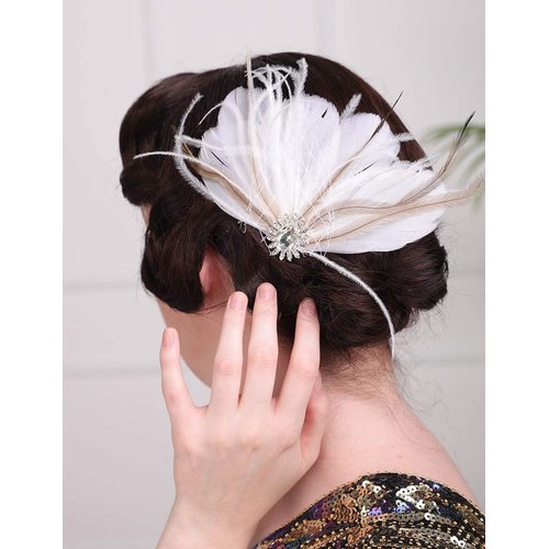 Aimimier 1920s Headpiece Flapper White Feather Hair Clip Crystal Roaring 20s Accessories Prom Party Festival Hair Jewelry for Women