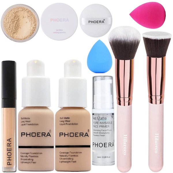 PHOERA Foundation,Full Coverage Foundation,PHOERA Primer,PHOERA Powder,PHOERA Concealer PHOERA Makeup Set, Kabuki Makeup Brushes Foundation Brush Powder,2 Makeup Sponge (102 Nude + 104 Buff Beige)