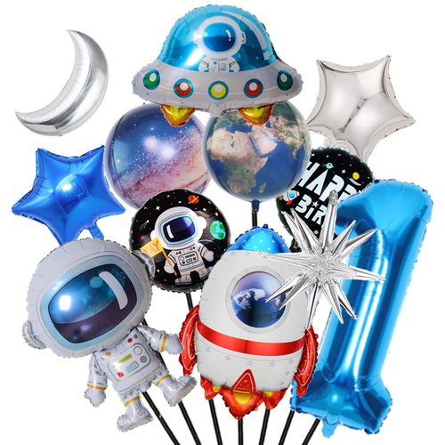 Finypa 12Pcs Space Theme Birthday Party Decoration Astronaut Spaceman Foil Balloons,1st Outer Space Birthday Party Supplies,Galaxy Balloons for Boy 1 Year Old Birthday Decor