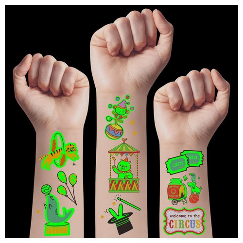TatoYard Kids Tattoos for Goodie Bags Stuffers, Glows Temporary Tattoos Stickers for Kids Party Favors, Birthday/Toys/Games for Party Supplies Decorations (Circus)