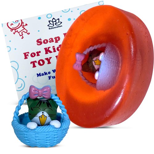 Relaxcation Natural Soap Bar For Kids With Toys Inside | Surprise Toy Inside the Bar | Made in USA from Safe Ingredients | Kid's Favorite Everyday Routine (cat in basket)