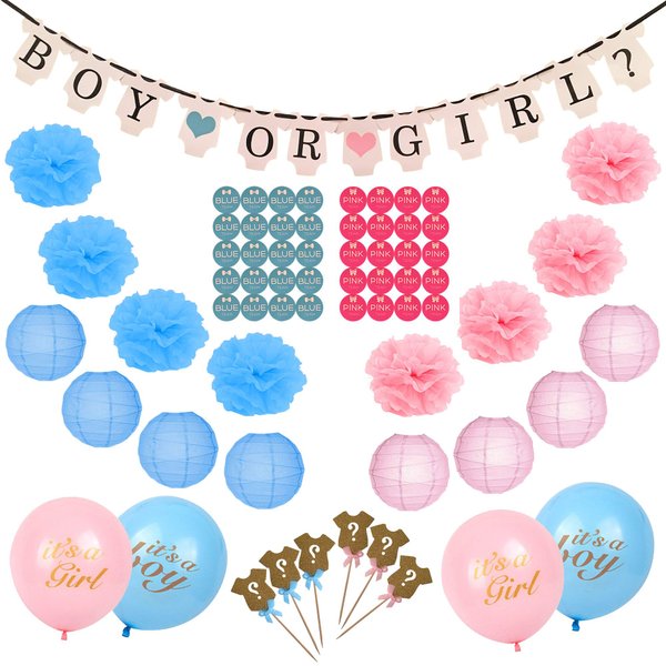 Gender Reveal Party Supplies (99 Pieces) Baby Shower Decorations Set with Bonus Including Cupcake Topper Special Banner Gender Reveal Balloons Paper Flowers Paper Lanterns & Free Sticker
