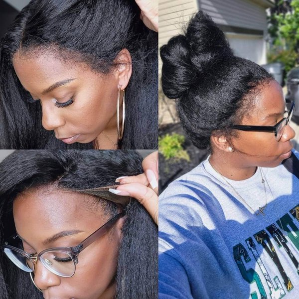 Youleas 360 Lace Front Wigs Human Hair Pre Plucked Bleached Knots 4C Curly Edges Hairline 180% Density Kinky Straight Human Hair Wig 360 HD Full Lace Frontal Wig Human Hair (16inches)