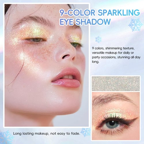 HOSAILY 9 Colors Glitter Eyeshadow Palette, Sparkling Face Eye Shadow Palette Makeup, High Pigment Chameleon Eyeshadow Rainbow Shimmer Highlighter, Long Lasting Waterproof Eye Makeup for Women