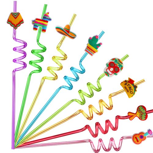 TMGIDRI 24 Mexican Fiesta Party Favors, Drinking Straws for Mexican Party Favors, Cinco De Mayo Party Favors for Kids, Taco Party Supplies with 2 Cleaning Brush