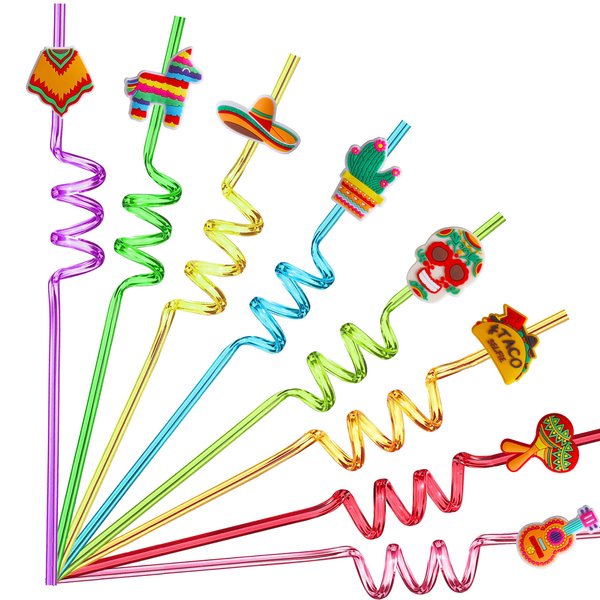 TMGIDRI 24 Mexican Fiesta Party Favors, Drinking Straws for Mexican Party Favors, Cinco De Mayo Party Favors for Kids, Taco Party Supplies with 2 Cleaning Brush