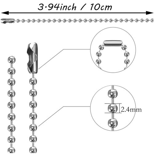 H&W 100pcs 4 inch Bead Chains Connector Clasp, Stainless Steel Ball Chain Keychain Tag Key Rings,1/10 inch Diameter Adjustable Antiqued Metal Bead Steel Chain for Jewelry Finding Making Accessories