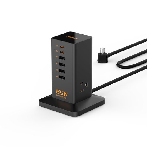 Desk Charging Station for Multiple Devices 65W, TESSAN 6 Port GaN USB Fast Charger Tower with 3 Outlets, Type C Desktop Charger Hub for Cellphone Tablet Earphone, Home Office Travel Accessories
