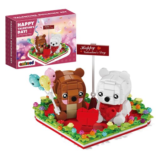 amireed Valentine's Brown and White Bear Toys, Love Heart Ornament Frame Building Blocks Set, Valentine's Day Gift Bricks Toy School Classroom Gift Exchange for Kids