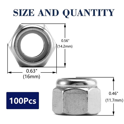 3/8-16 Nylon Insert Hex Lock Nuts 100Pcs 304 Stainless Steel Locknuts, Hex Drive, Bright Finish, by SG TZH
