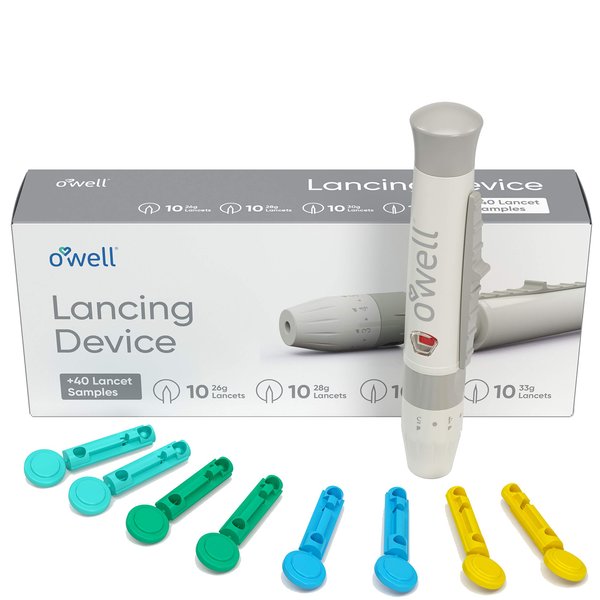 OWELL Lancing Device Kit – Adjustable Depth, Pain-Free Blood Glucose Testing, Includes 4 Needle Gauges/Needle Thickness, Compatible with Most Lancets – Includes 40 Sterile Lancets