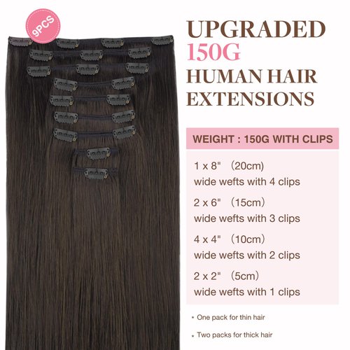 GOO GOO Clip in Hair Extensions Real Human Hair, 18inch 150g 9Pcs, 2 Dark Brown, Remy Human Hair Extensions Clip ins for Women, Natural Human Hair