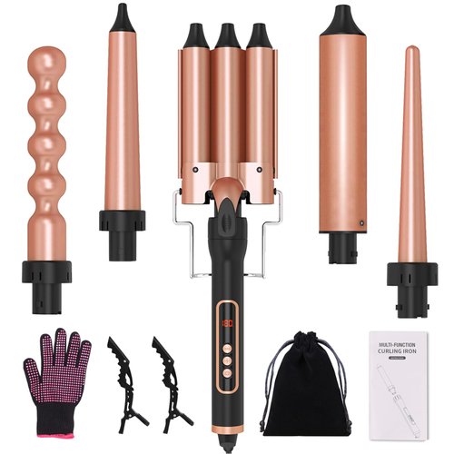 5 in 1 Curling Iron Wand Set, Interchangeable Curly Irons for Hair, 30s Heat Up, 180°F-450°F Degrees Adjustment, Curling Wand with Attachment for All Hair Type