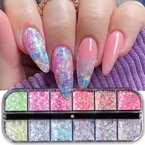 12 Colors Mermaid Nail Art Glitter 3D Holographic Nail Glitter Sequins Iridescent Ice Slag Nail Glitter Flakes Chameleon Nail Confetti Nail Sequins for Women Girls DIY Manicure Decoration Supplies