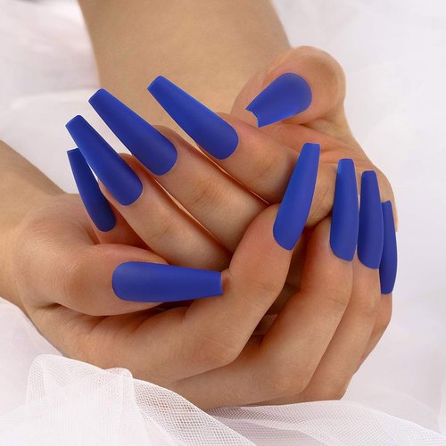 Funyrich Long Coffin Press on Nails Blue Artificial Fake Nails Ballerina Matte Full Cover False Nail for Women and Girls (24 Pcs)
