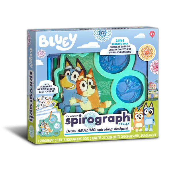 Spirograph Cyclex Set Bluey – Drawing Kit, Arts and Crafts, Bluey Toys, Art Supplies, Stickers for Kids, Bluey Stickers, Spiral Art, Markers, Stickers, Design Sheet Included, Ages 5+