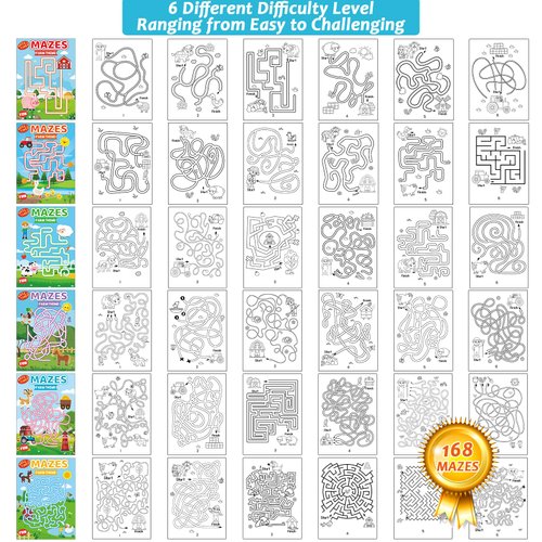 Wiooffen 168 Pages Farm Animals Maze Books for Kids Ages 3-8, 6-Pack- 6 Beginner Level Kids Activity Books Busy Books Farm Themes Activity Books Coloring Books Fun Games Birthday Gifts Supplies