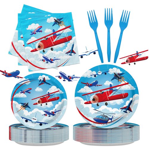 Iemctsy 96PCS Airplane Party Decorations - Airplane Birthday Party Decorations, Airplane Party Favors, Airplane Decorations for Party Airplane Plates Napkins Disposable Dinnerware Set for Serve 24
