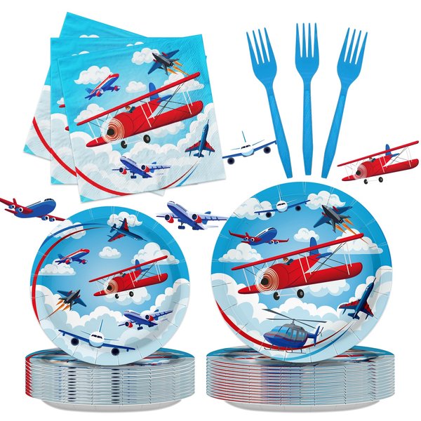 Iemctsy 96PCS Airplane Party Decorations - Airplane Birthday Party Decorations, Airplane Party Favors, Airplane Decorations for Party Airplane Plates Napkins Disposable Dinnerware Set for Serve 24