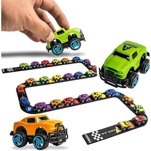Skoolzy 26 Cars ABC Alphabet Learning Toys with 15 Piece Felt Track, Manipulatives for Preschoolers, Educational Toys, Car Toys for Kids, Sensory Activities for Toddlers, Classroom Must Haves