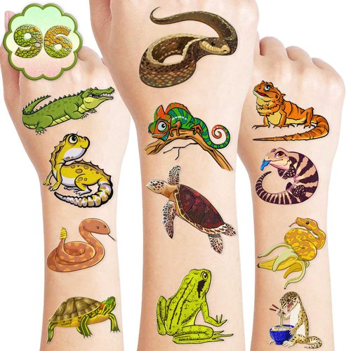 Generic Reptile Temporary Tattoos Birthday Party Supplies Favors Decorations Super Cute 96PCS Fake Tattoos Stickers for Boys Girls School Classroom Rewards Gifts Ideal Halloween