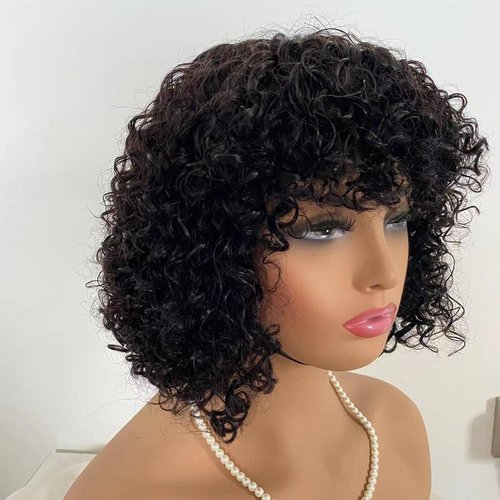 KESEN Short Curly Wig with Bangs 12 inch Curly Wave Human Hair Wig for Women Jerry Curly Bob Wig 200% Density Non Lace Front Glueless Wig Natural Black
