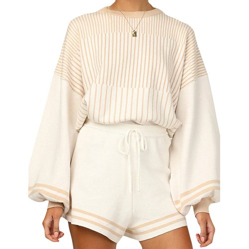 Gihuo Women' s Striped 2 Piece Outfits Crewneck Knit Pullover Sweater Shorts Set Wide Leg Matching Set Loungewear(Apricot-Small)