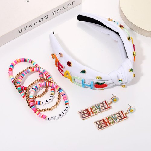 Teacher Accessories for Women Teacher Headbands School Pencil Headbands Hair Claw Clips Teacher Earrings Heishi Bracelets Back To School Teacher Jewelry Outfits Teacher Application Gifts