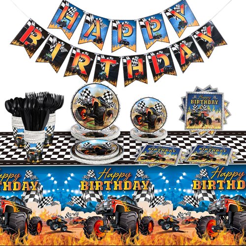 Skybooly 171 Pcs Monster Truck Party Supplies Serves for 24 Guests Monster Truck Birthday Decorations Set Include Banner Plates Napkins Cup Tablecloth for Car Themed Birthday Party Decorations