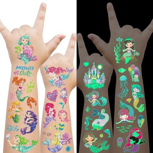 EMOME 220+ Styles Glow + Glitter Tattoos for Kids Mermaid, Temporary Tattoos for Girls Mermaid Birthday Decorations, Mermaid Party Decorations Favors Supplies for Games Accessories